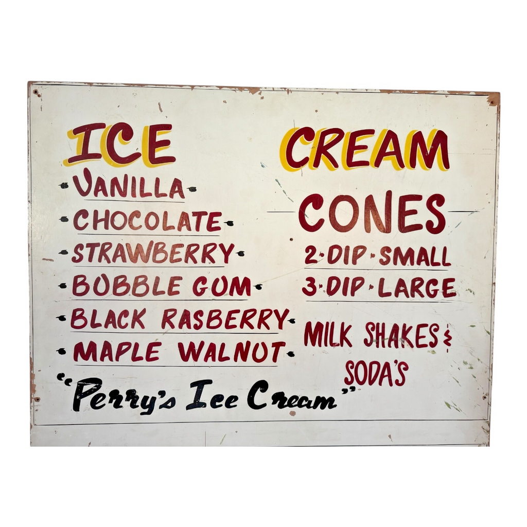 Vintage Large Perry’s Ice Cream Hand Painted Wooden Menu Board Advertising Sign