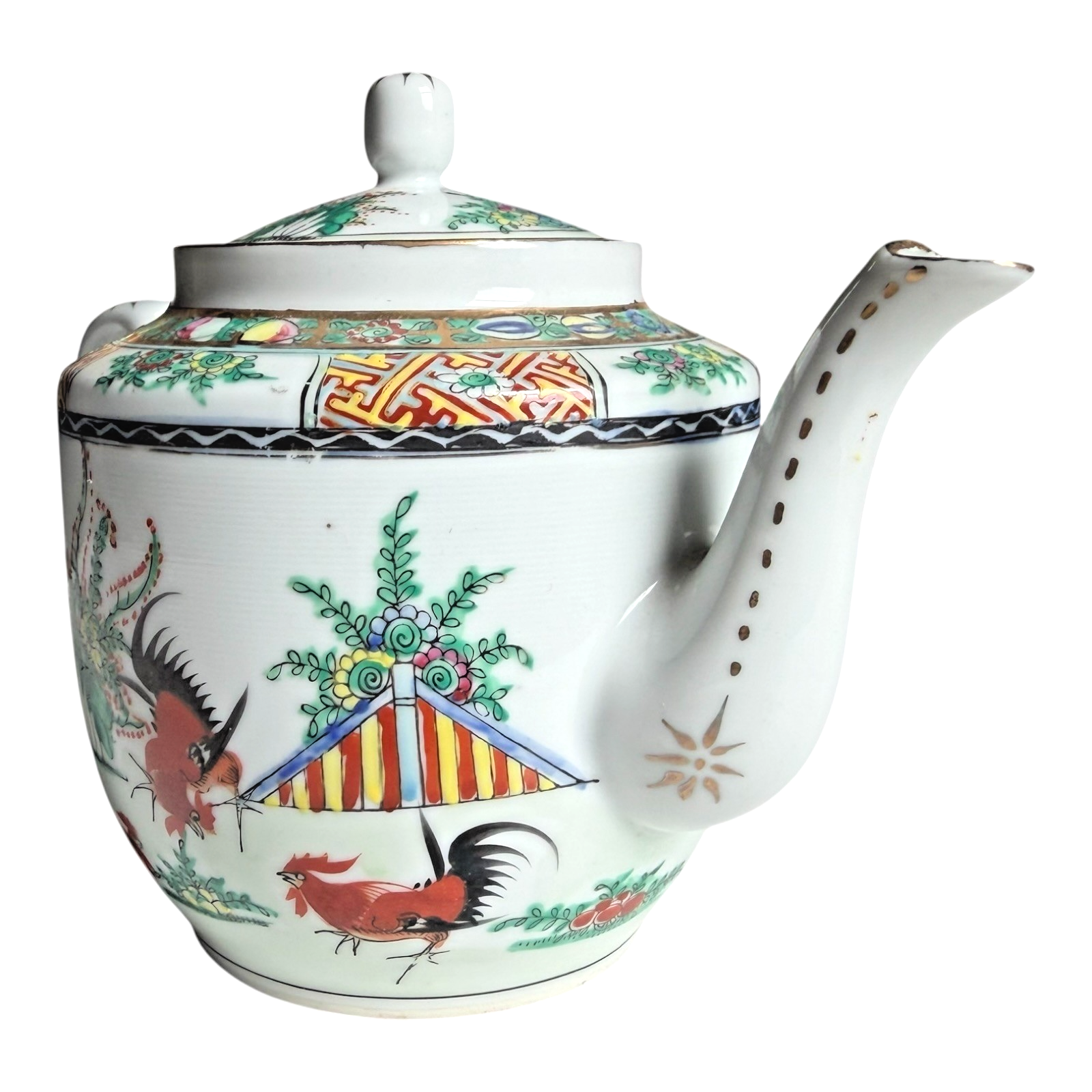 Antique Chinese Famille Rose Porcelain Teapot - Rooster Pattern