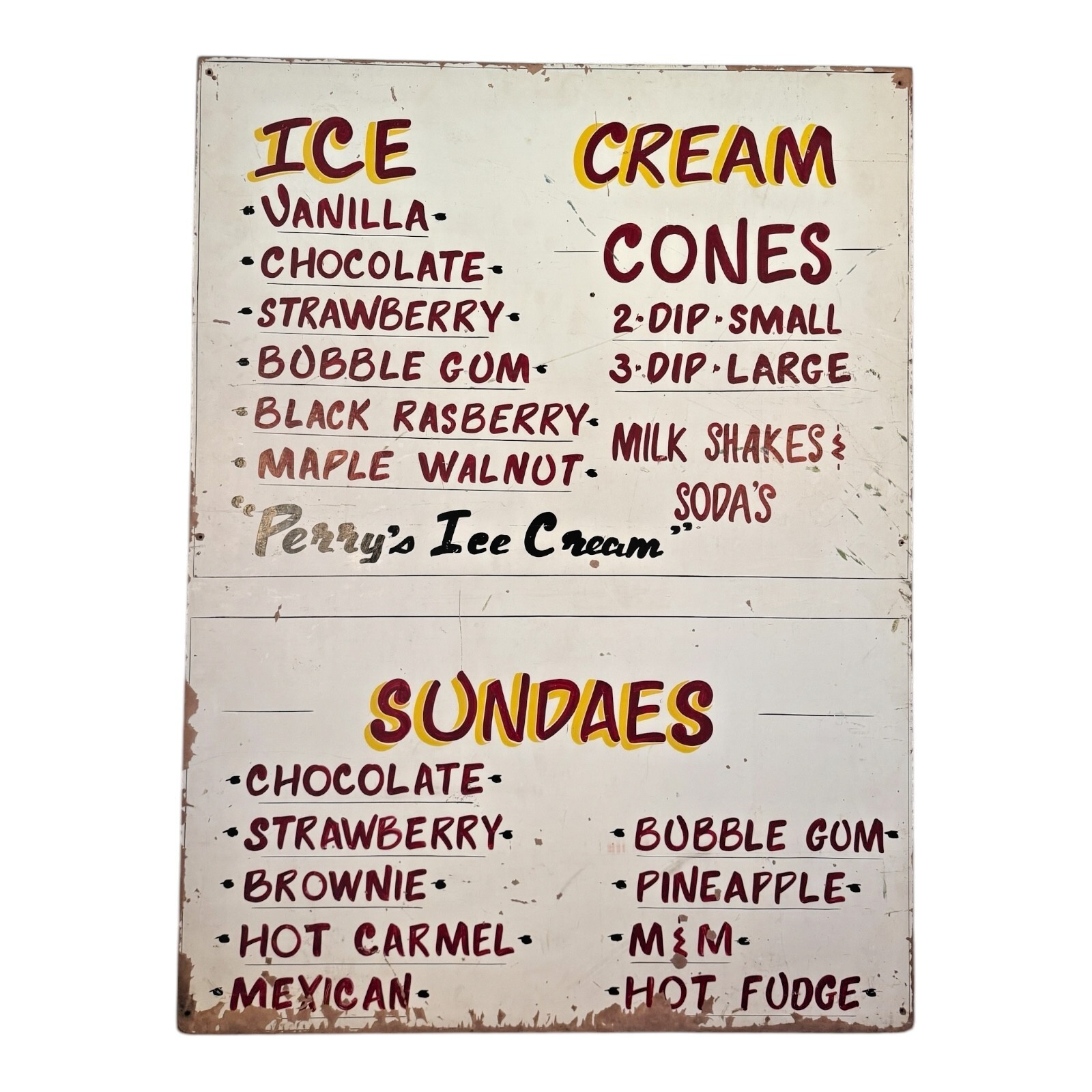 Vintage Large Perry’s Ice Cream Hand Painted Wooden Menu Board Advertising Sign