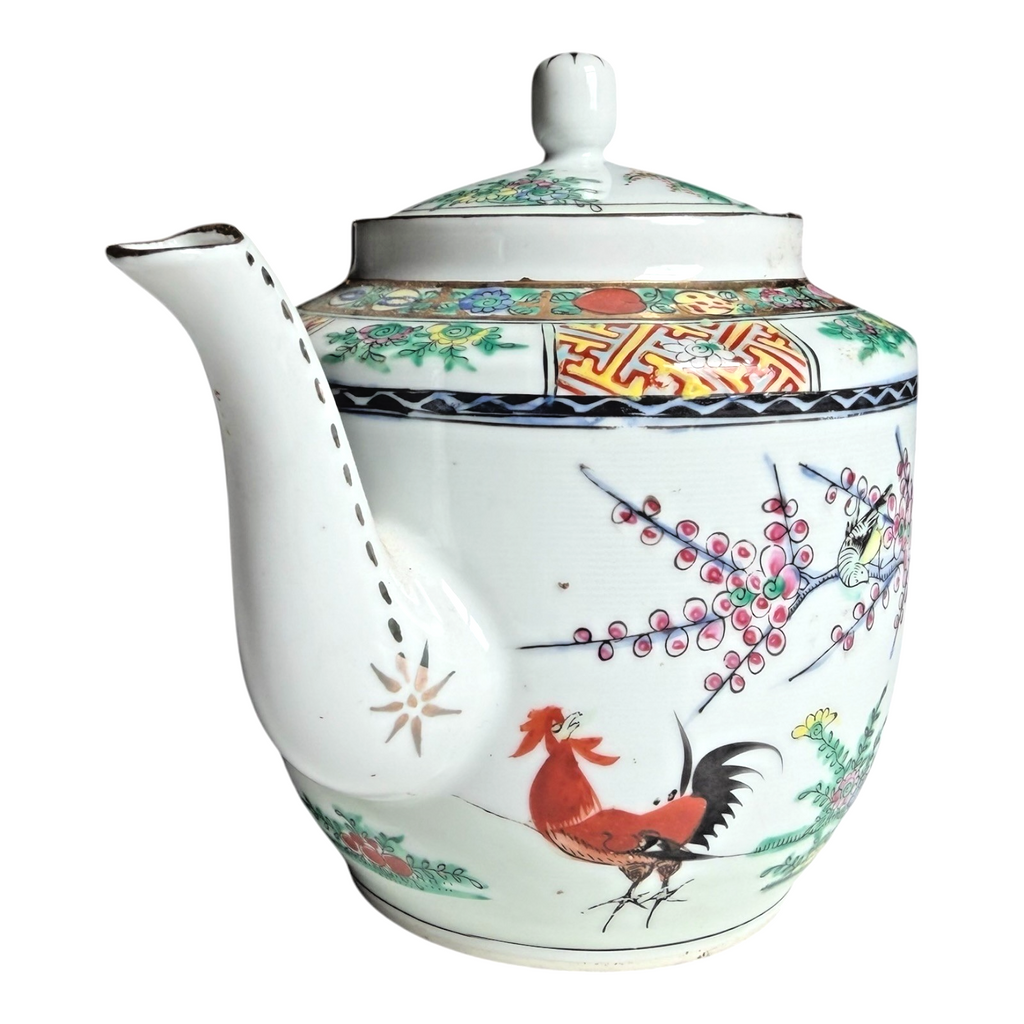 Antique Chinese Famille Rose Porcelain Teapot - Rooster Pattern
