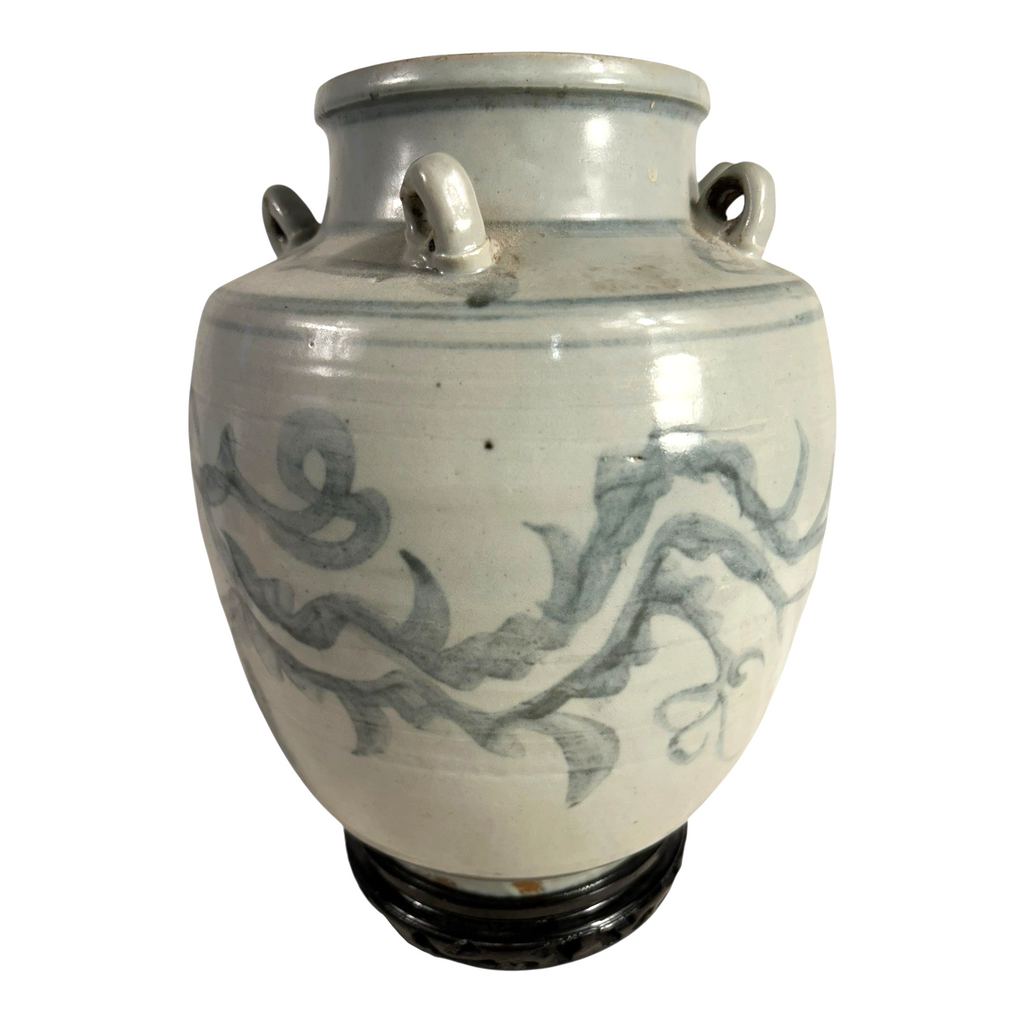 Antique Asian Pottery Dragon Ewer Pitcher Jug - Gray Glaze & Double Ring Handles