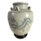Antique Asian Pottery Dragon Ewer Pitcher Jug - Gray Glaze & Double Ring Handles