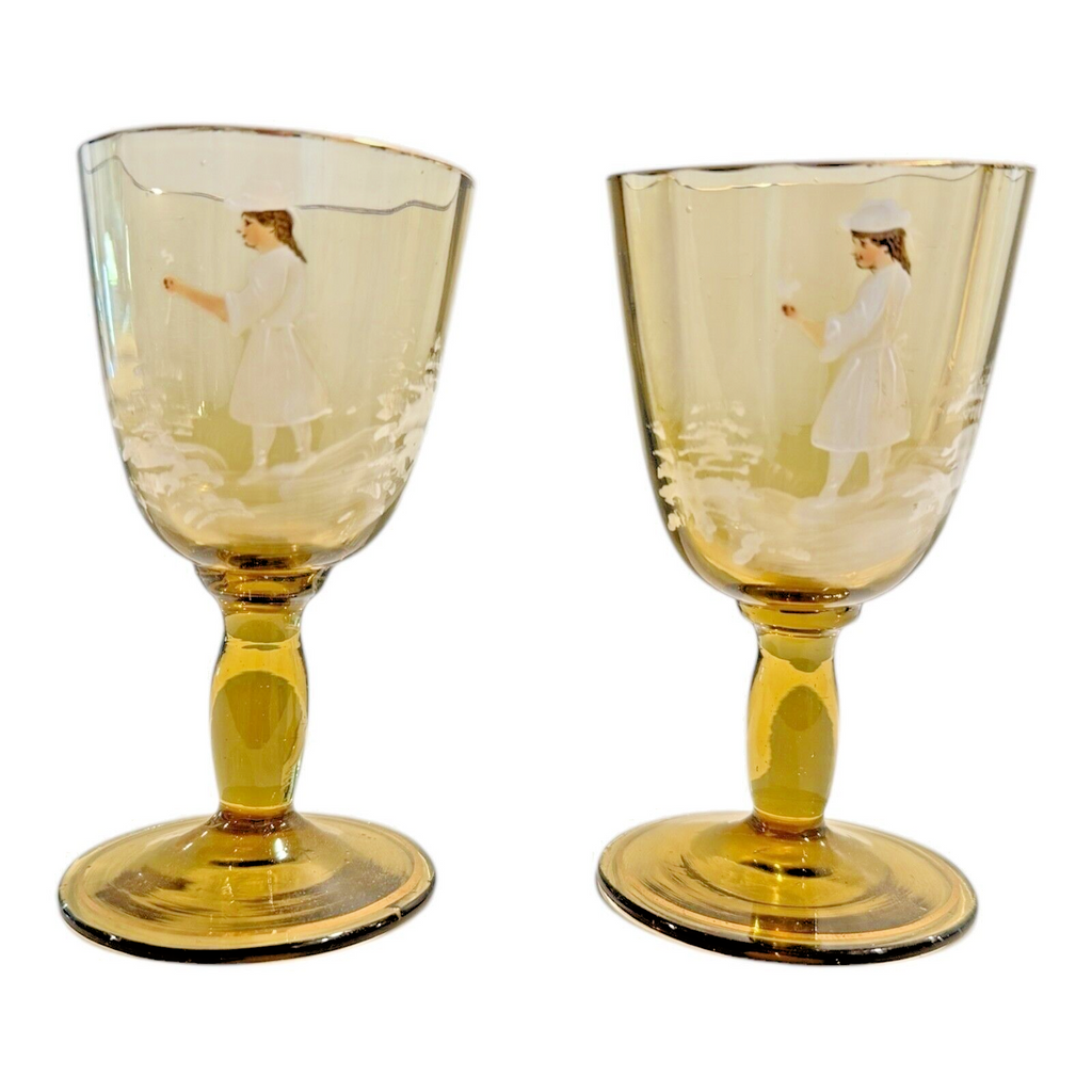 Antique Bohemian Mary Gregory Style Enameled Pair of Yellow Glass Cordials