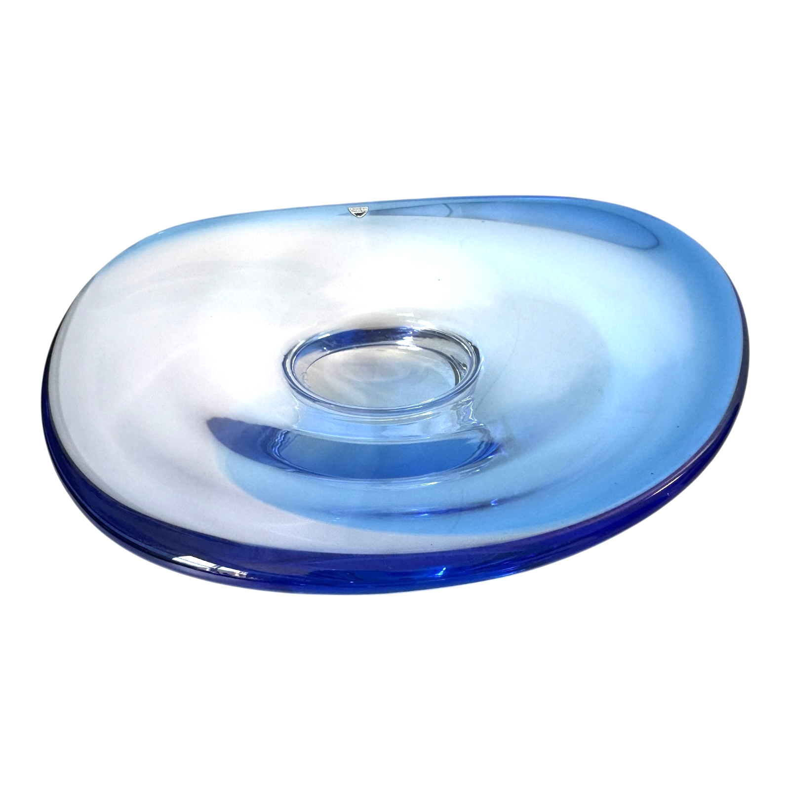 Vintage Orrefors Sweden Blue Footed Art Glass Centerpiece Dish