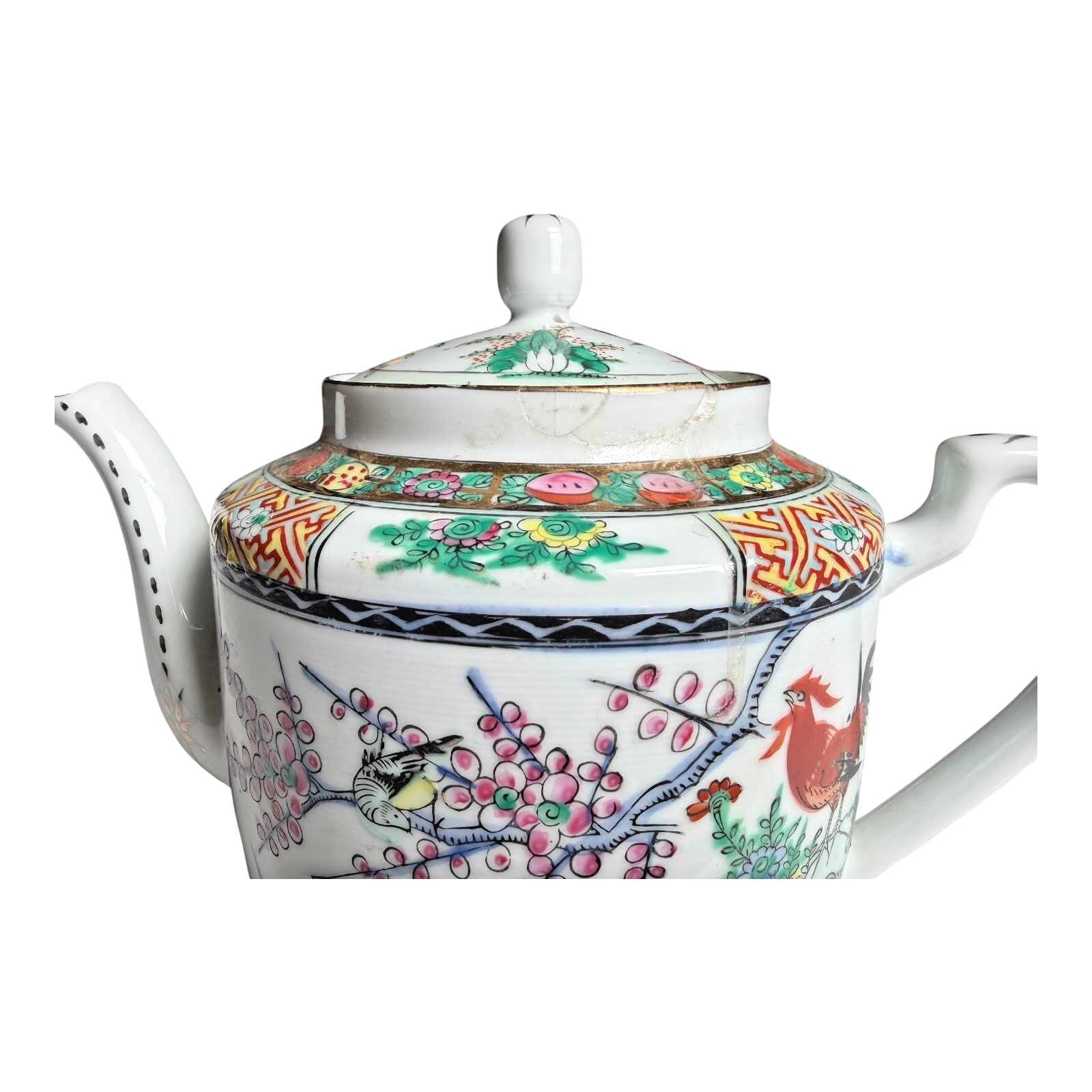 Antique Chinese Famille Rose Porcelain Teapot - Rooster Pattern