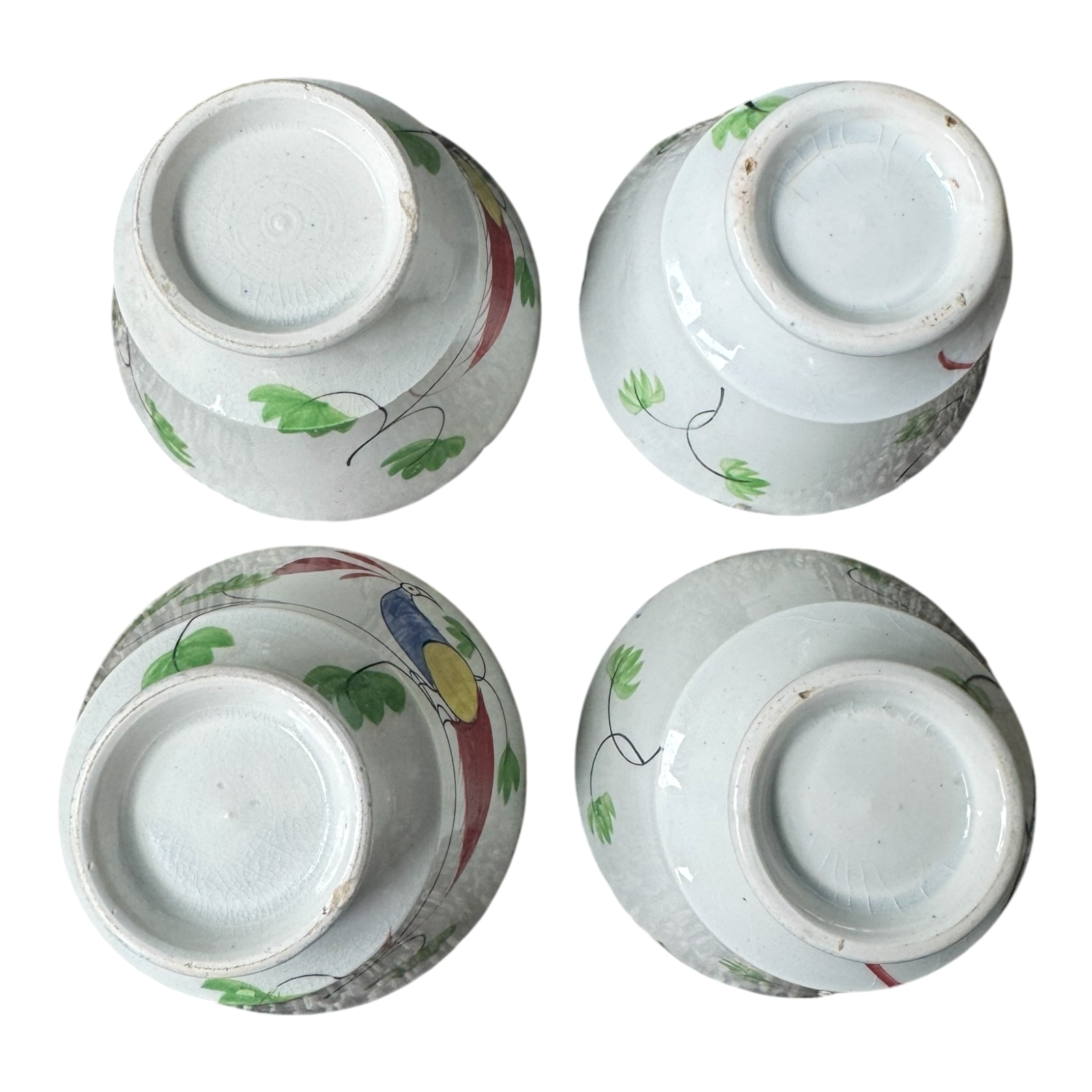 Antique Staffordshire Peafowl Spongeware Spatterware Cups & Saucers (Set of 4)