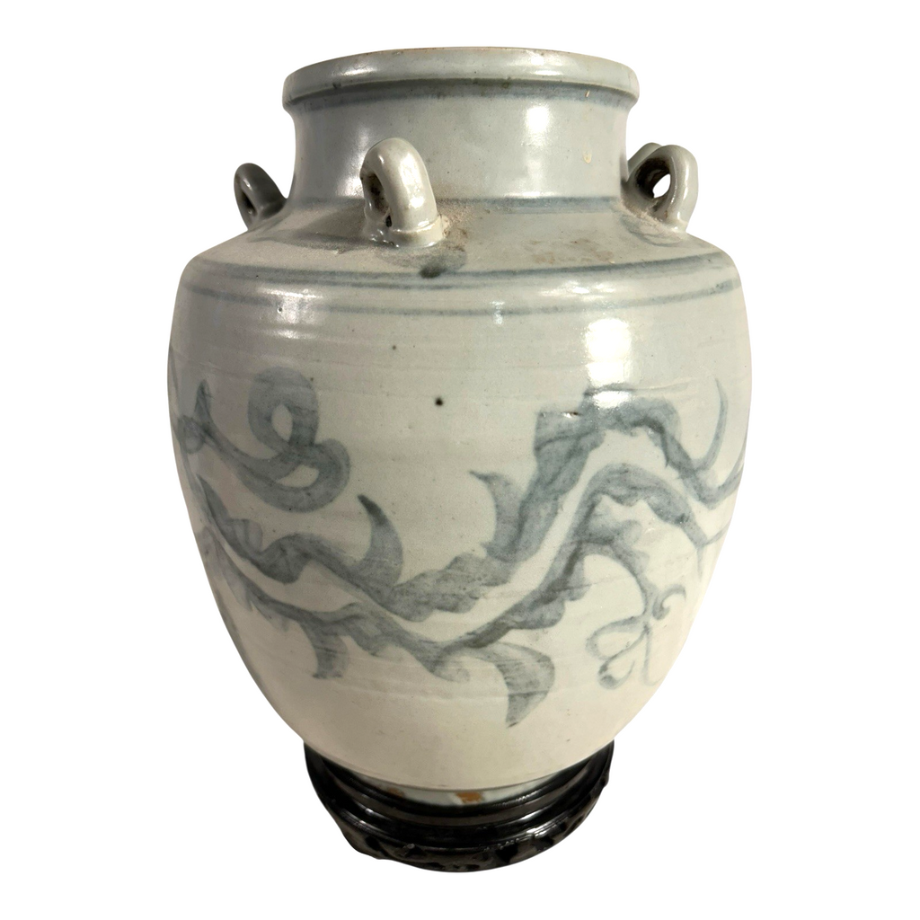 Antique Asian Pottery Dragon Ewer Pitcher Jug - Gray Glaze & Double Ring Handles