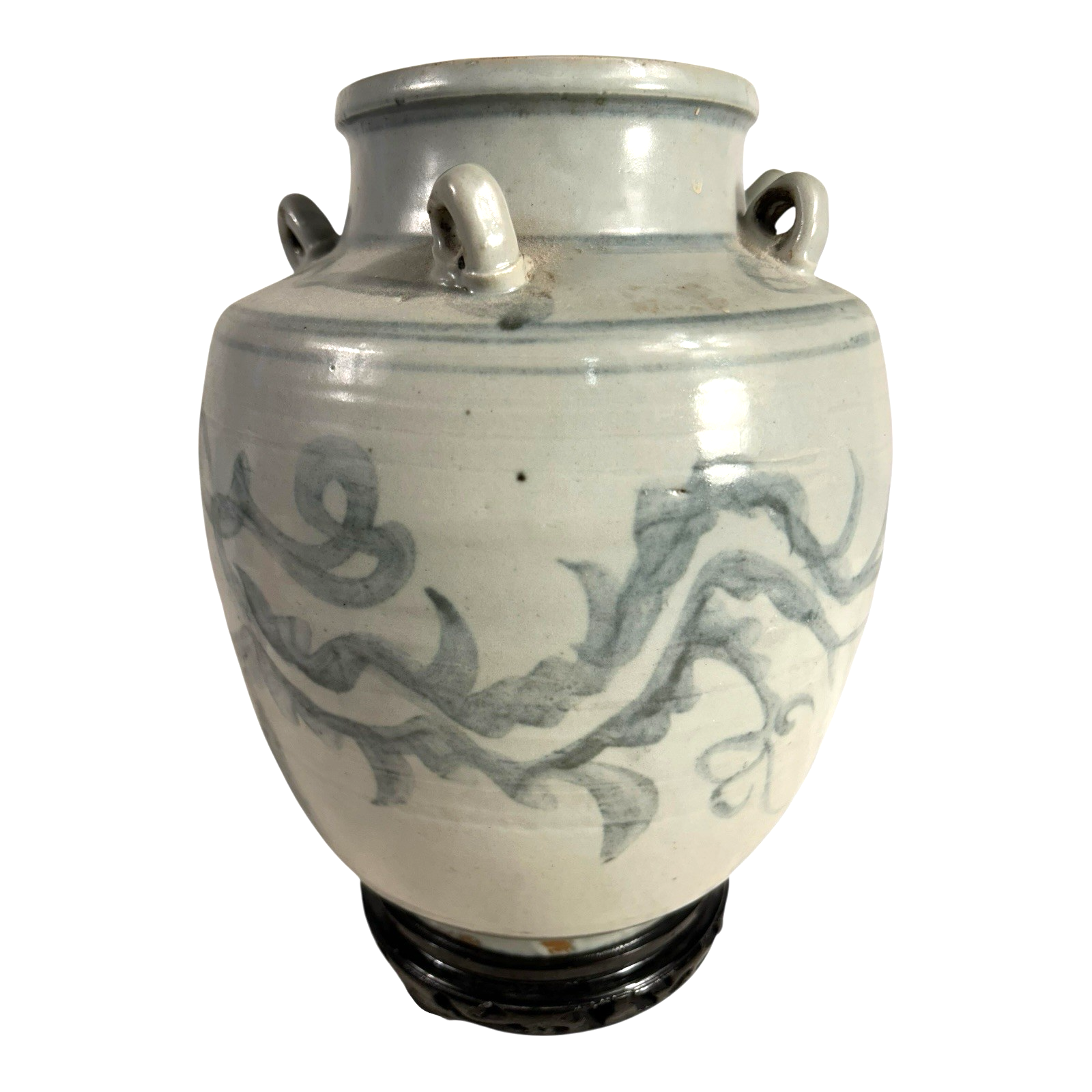 Antique Asian Pottery Dragon Ewer Pitcher Jug - Gray Glaze & Double Ring Handles