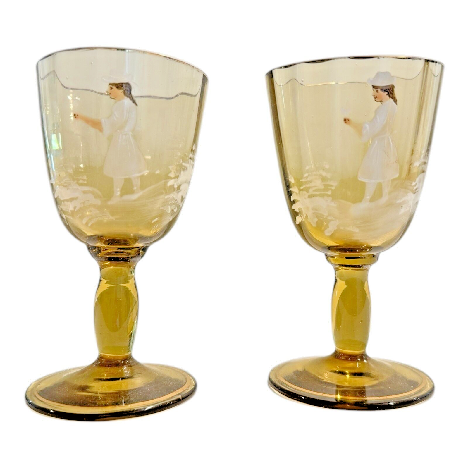 Antique Bohemian Mary Gregory Style Enameled Pair of Yellow Glass Cordials