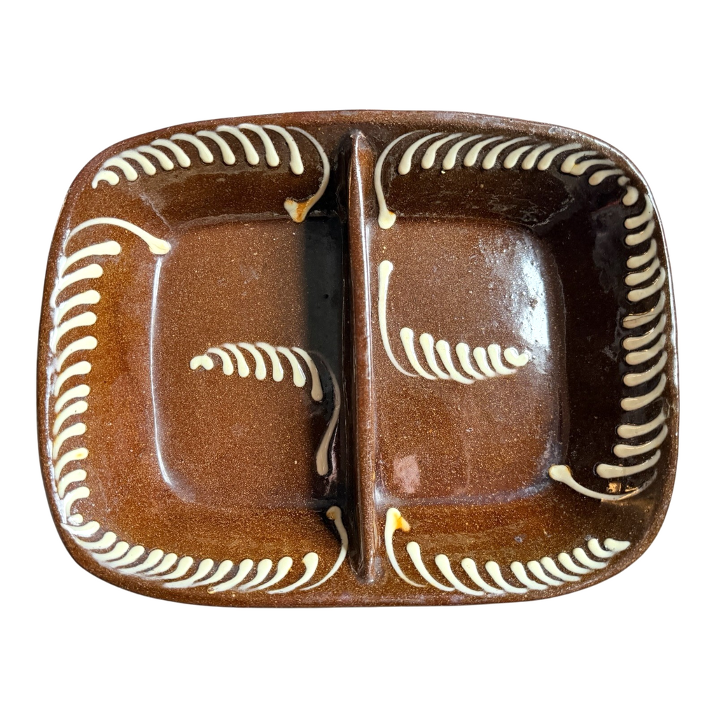 Antique Redware Slip Decorated Slipware Pottery Divided Serving Dish