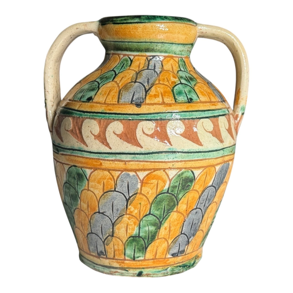 Vintage Italian Majolica Faience Sgraffito Pottery Double Handled Vase