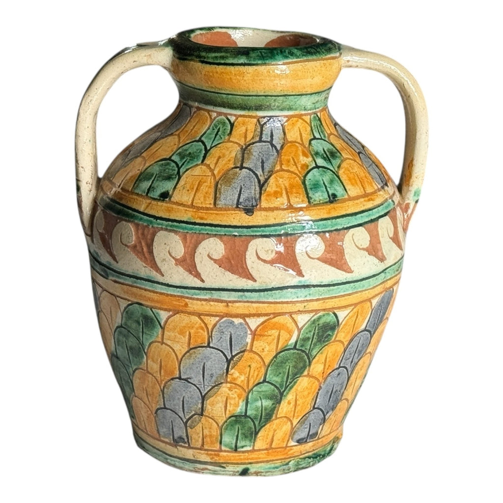 Vintage Italian Majolica Faience Sgraffito Pottery Double Handled Vase