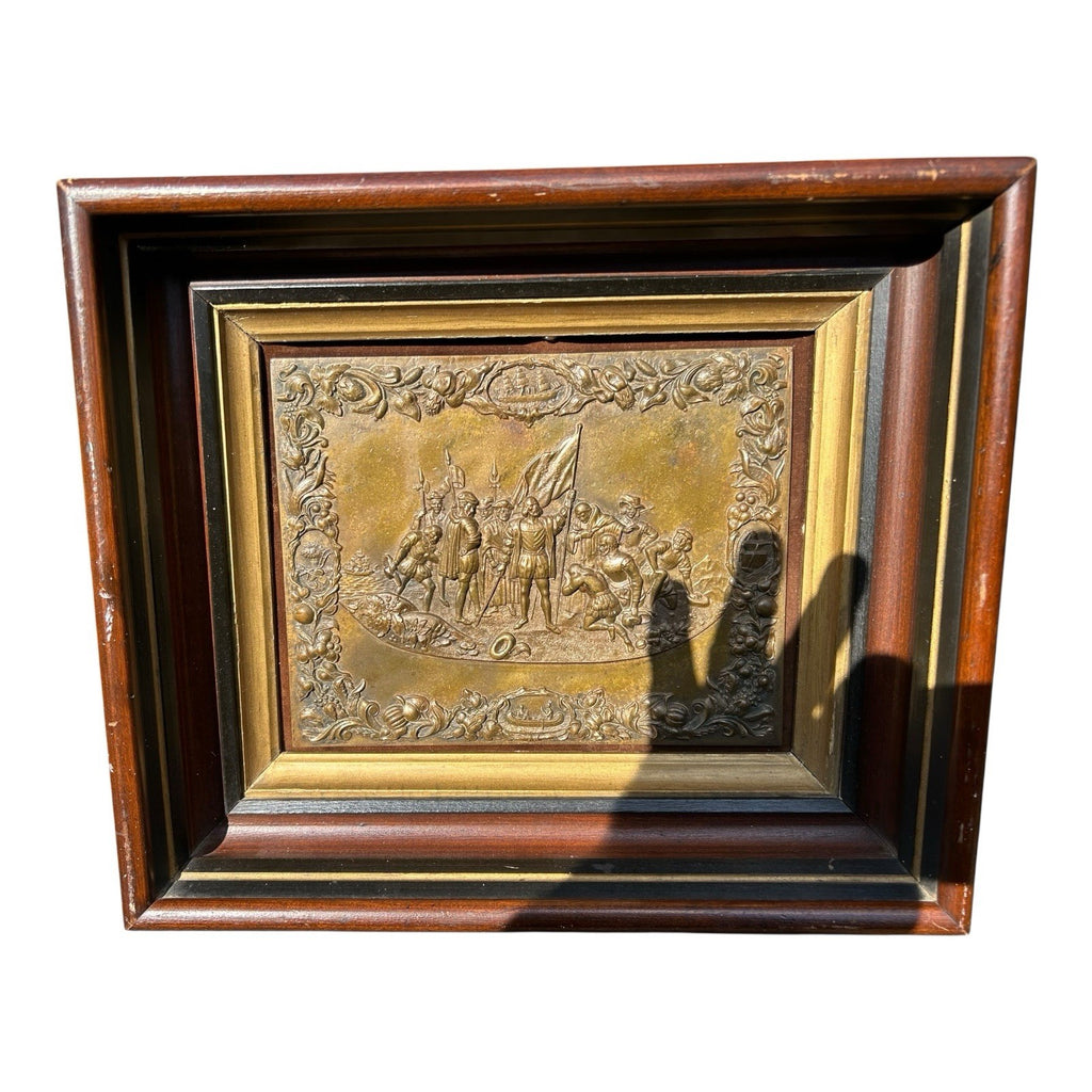 Antique Shadow Box Frame Brass Plague with Christopher Columbus Landing