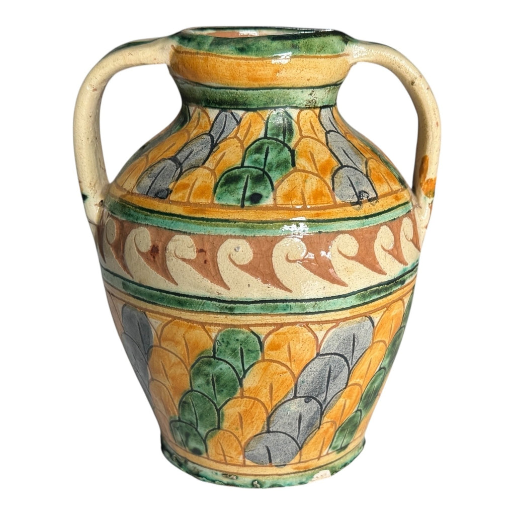 Vintage Italian Majolica Faience Sgraffito Pottery Double Handled Vase