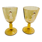 Antique Bohemian Mary Gregory Style Enameled Pair of Yellow Glass Cordials