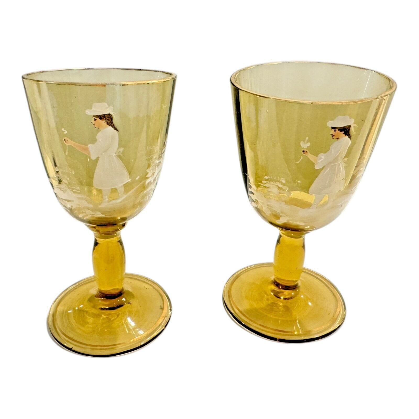 Antique Bohemian Mary Gregory Style Enameled Pair of Yellow Glass Cordials