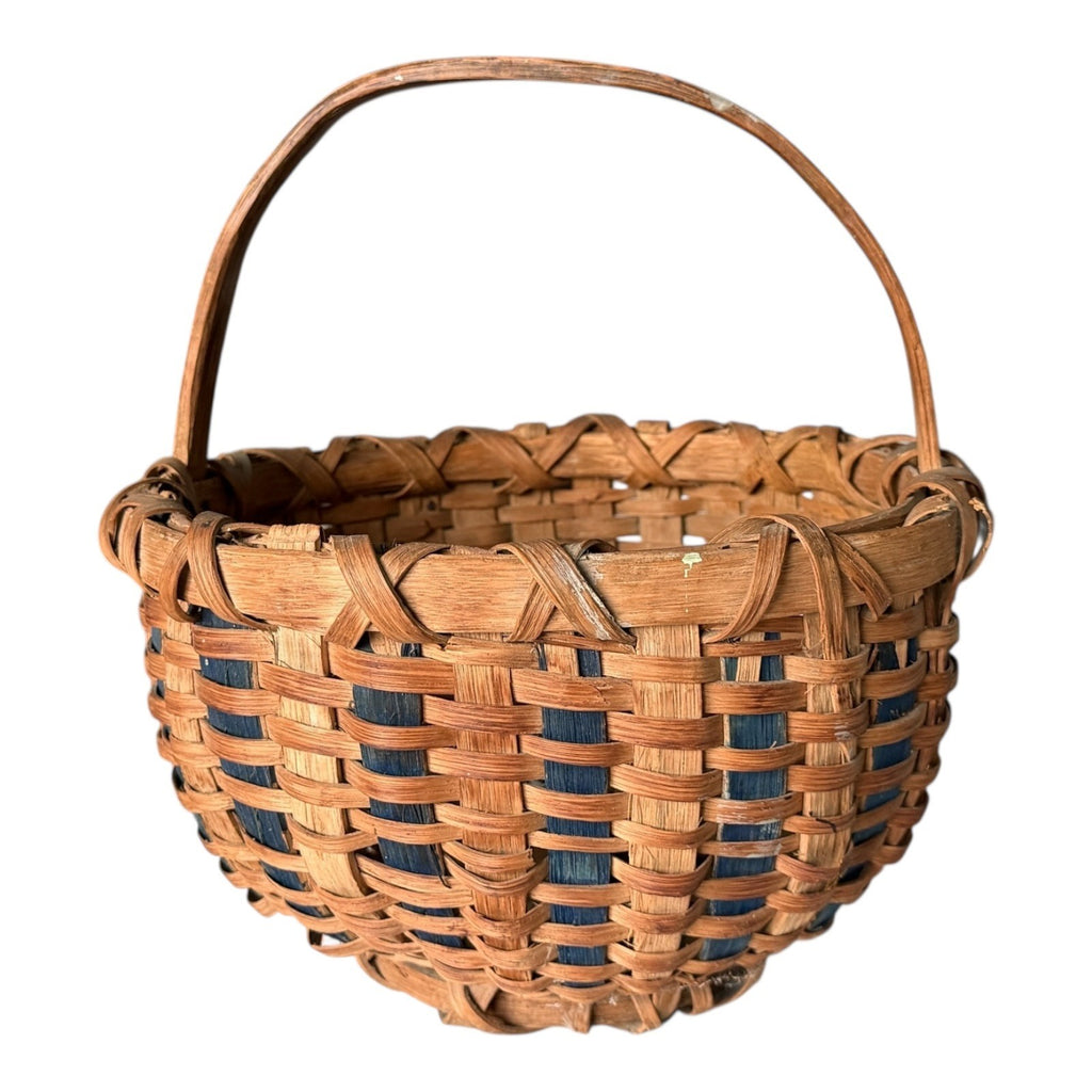 Vintage Handwoven Split Oak Buttocks Gathering Basket with Blue Accent