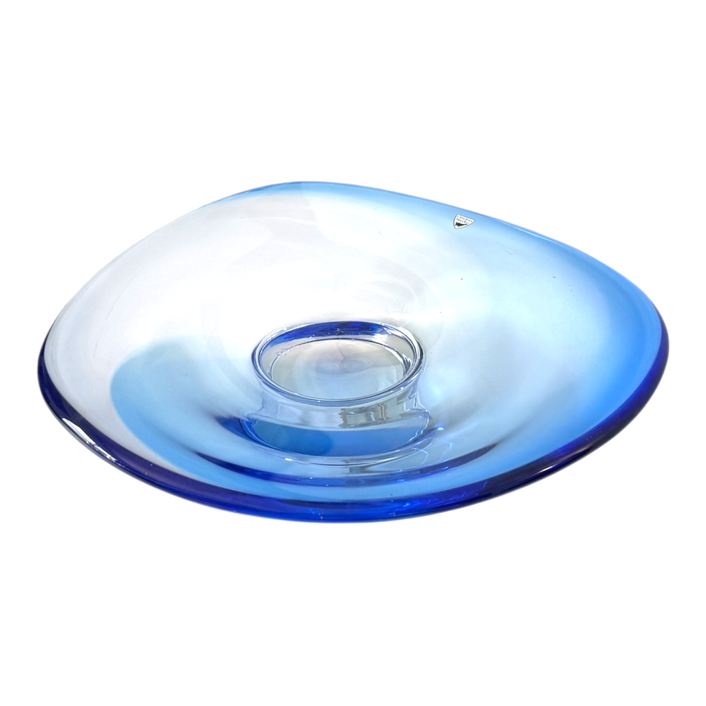 Vintage Orrefors Sweden Blue Footed Art Glass Centerpiece Dish