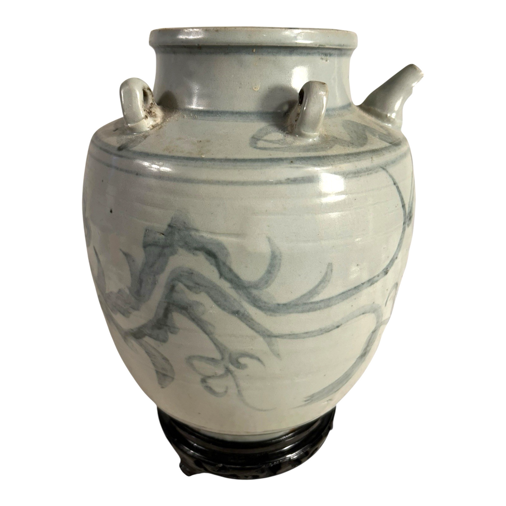 Antique Asian Pottery Dragon Ewer Pitcher Jug - Gray Glaze & Double Ring Handles