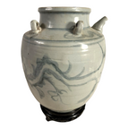 Antique Asian Pottery Dragon Ewer Pitcher Jug - Gray Glaze & Double Ring Handles
