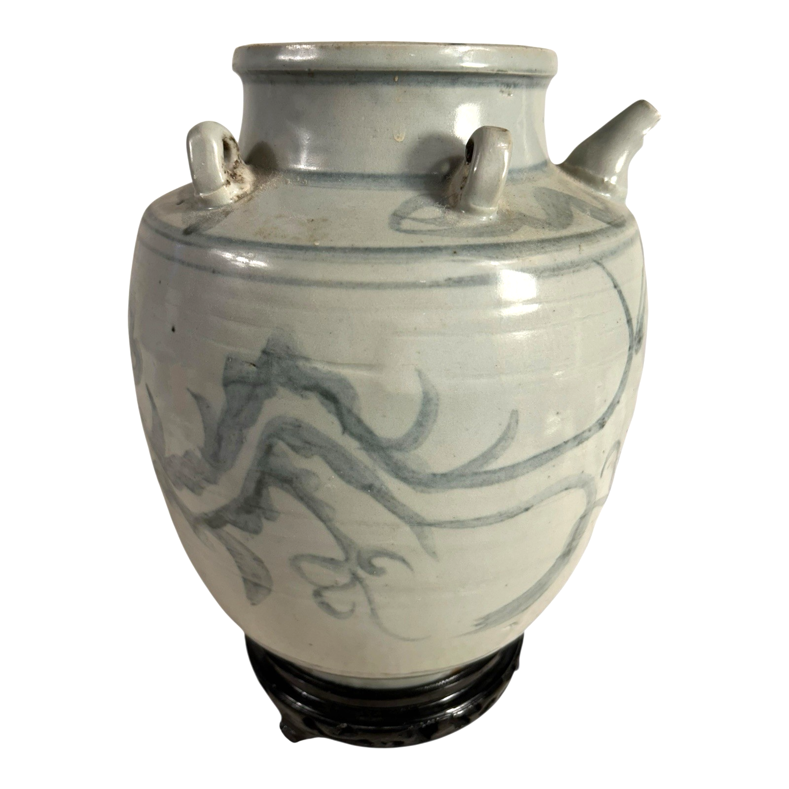 Antique Asian Pottery Dragon Ewer Pitcher Jug - Gray Glaze & Double Ring Handles
