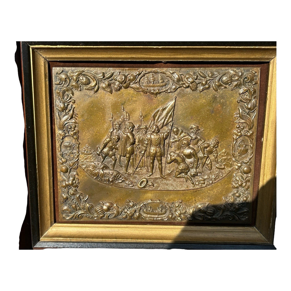 Antique Shadow Box Frame Brass Plague with Christopher Columbus Landing