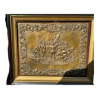 Antique Shadow Box Frame Brass Plague with Christopher Columbus Landing