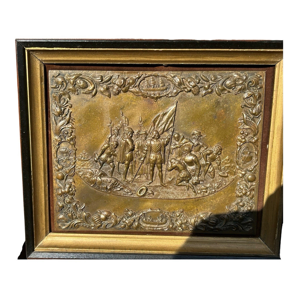 Antique Shadow Box Frame Brass Plague with Christopher Columbus Landing