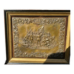 Antique Shadow Box Frame Brass Plague with Christopher Columbus Landing