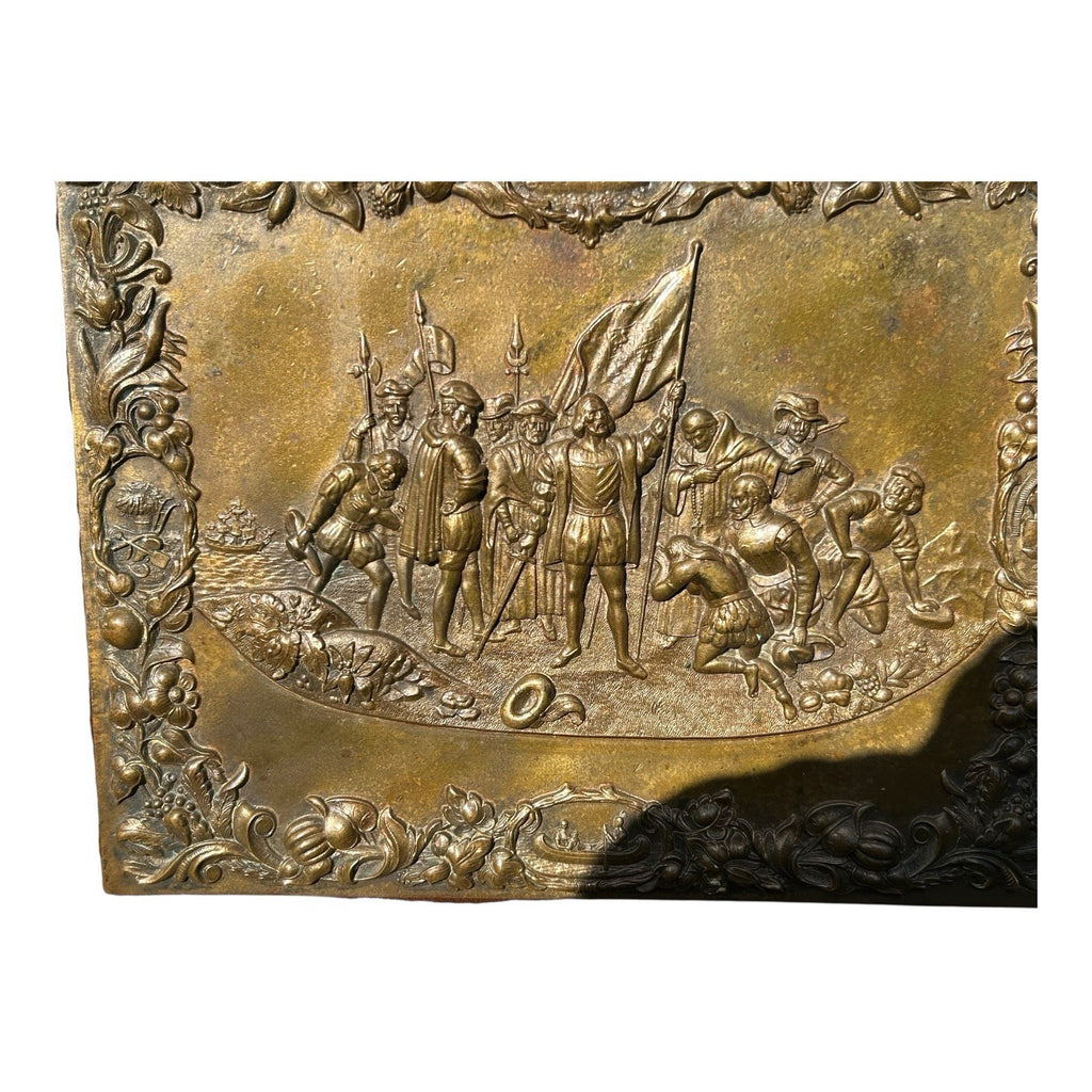 Antique Shadow Box Frame Brass Plague with Christopher Columbus Landing