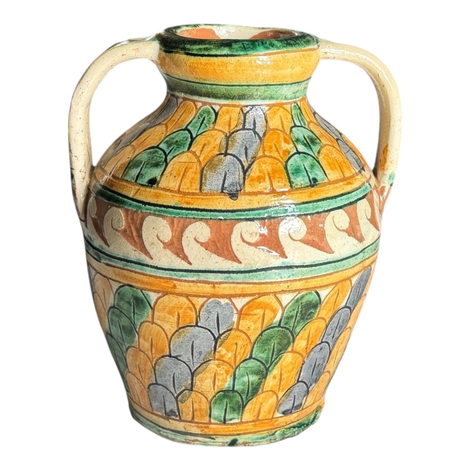 Vintage Italian Majolica Faience Sgraffito Pottery Double Handled Vase