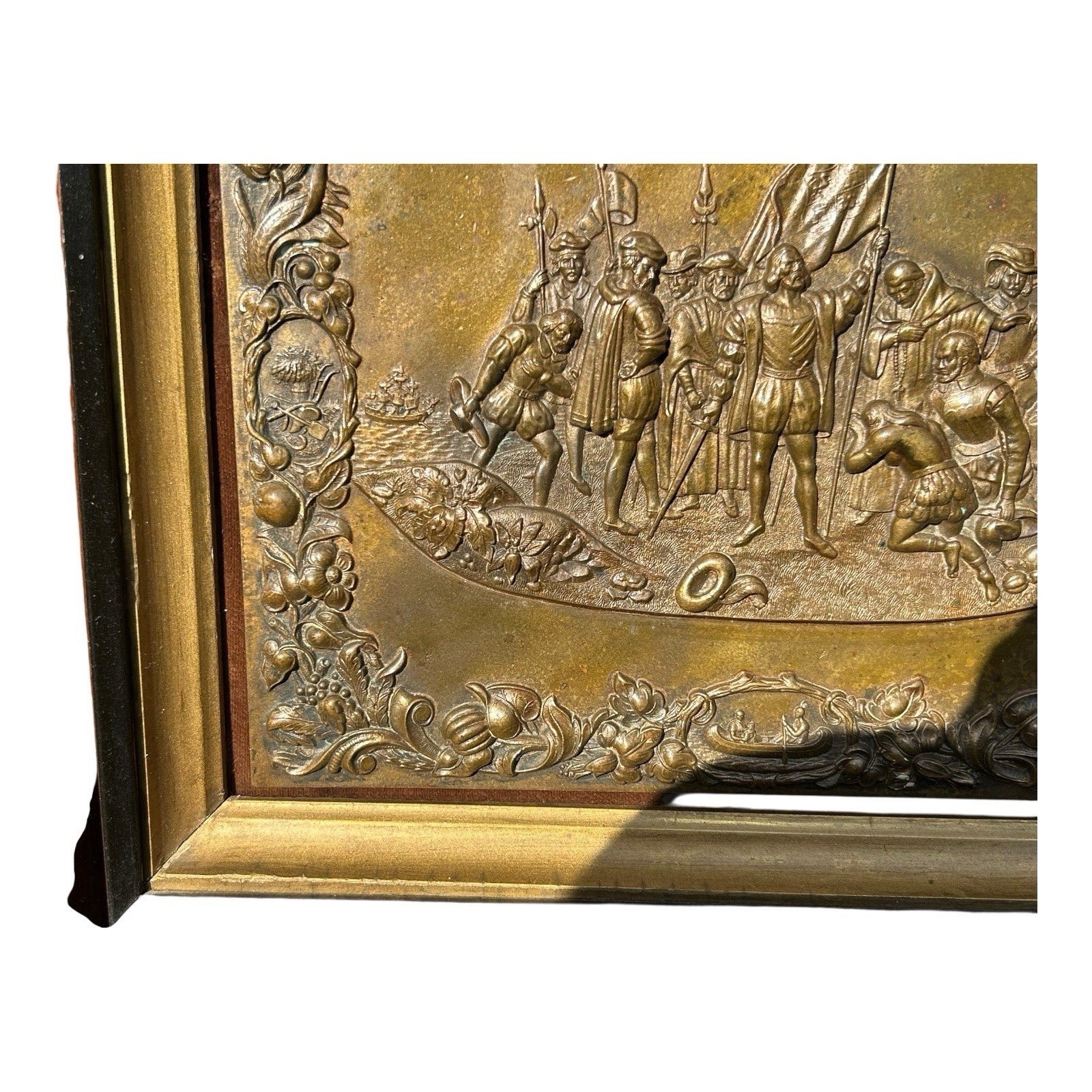 Antique Shadow Box Frame Brass Plague with Christopher Columbus Landing