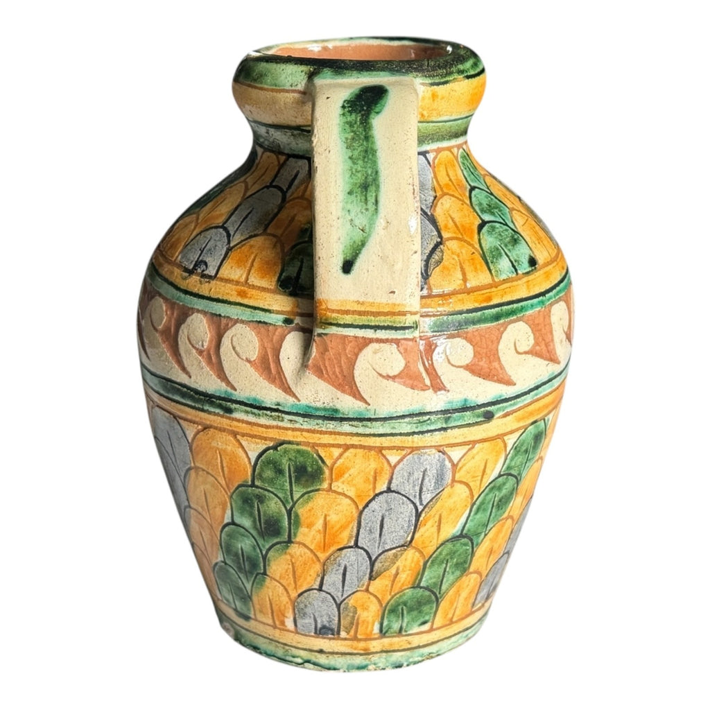 Vintage Italian Majolica Faience Sgraffito Pottery Double Handled Vase