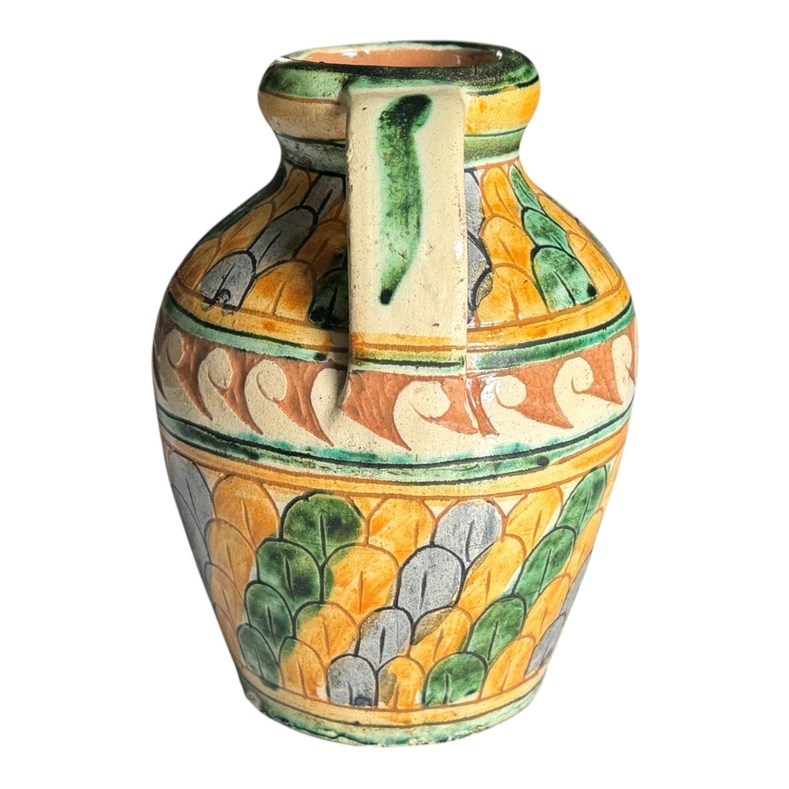 Vintage Italian Majolica Faience Sgraffito Pottery Double Handled Vase