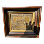 Antique Shadow Box Frame Brass Plague with Christopher Columbus Landing
