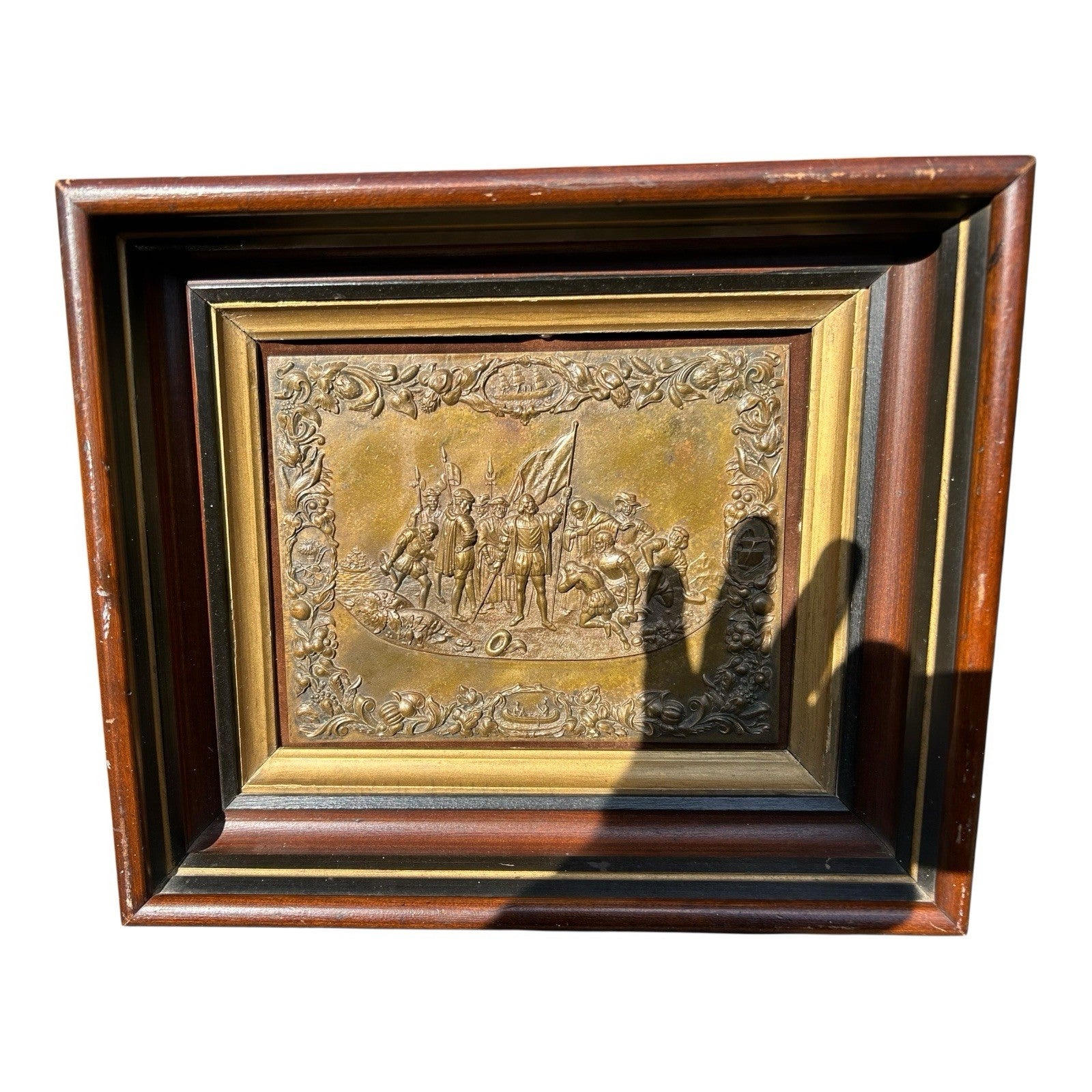 Antique Shadow Box Frame Brass Plague with Christopher Columbus Landing