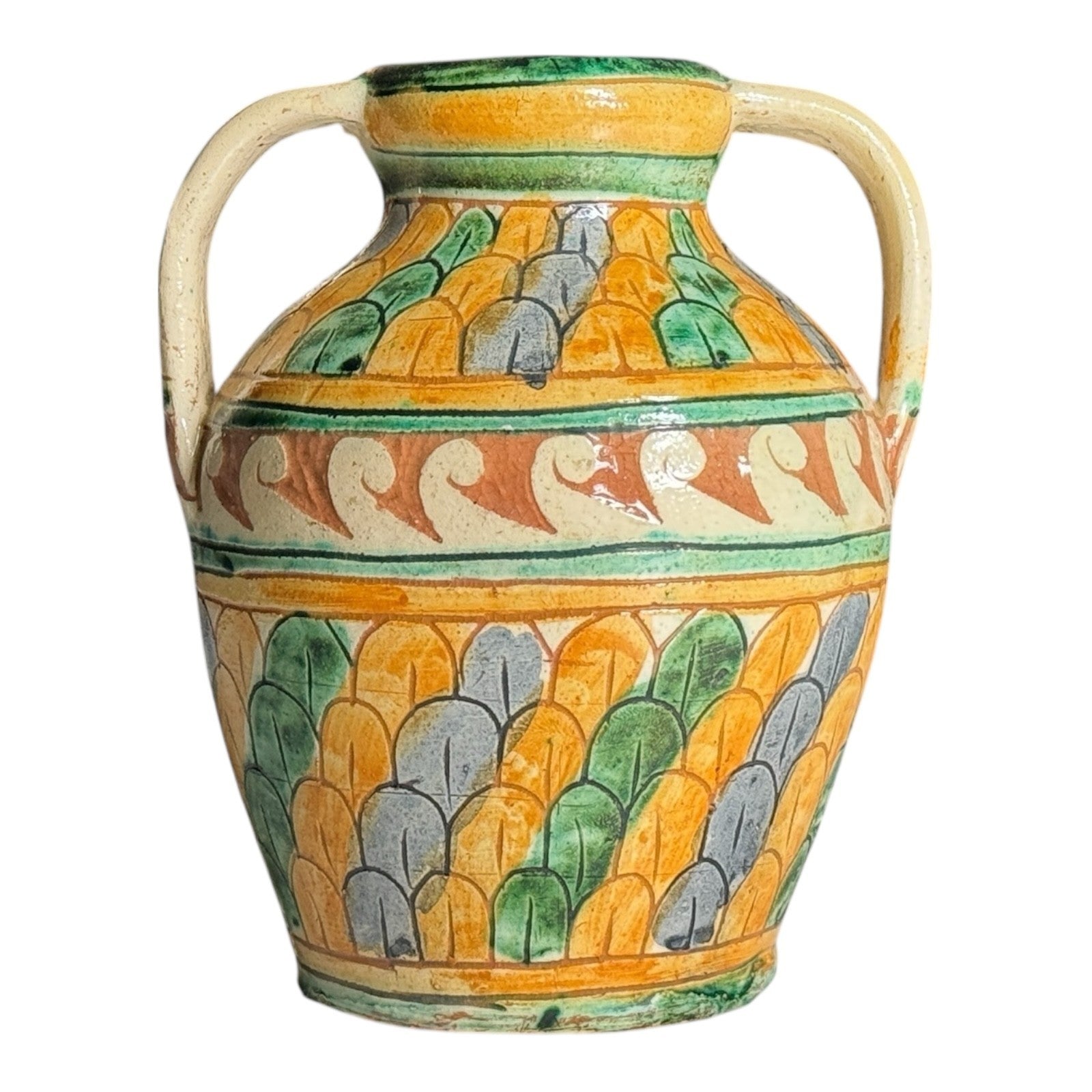Vintage Italian Majolica Faience Sgraffito Pottery Double Handled Vase