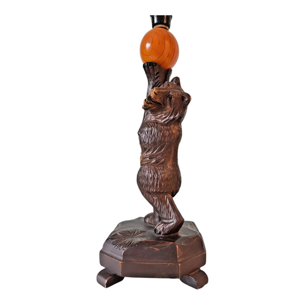 Antique Black Forest Wood Carved Bear Table Lamp