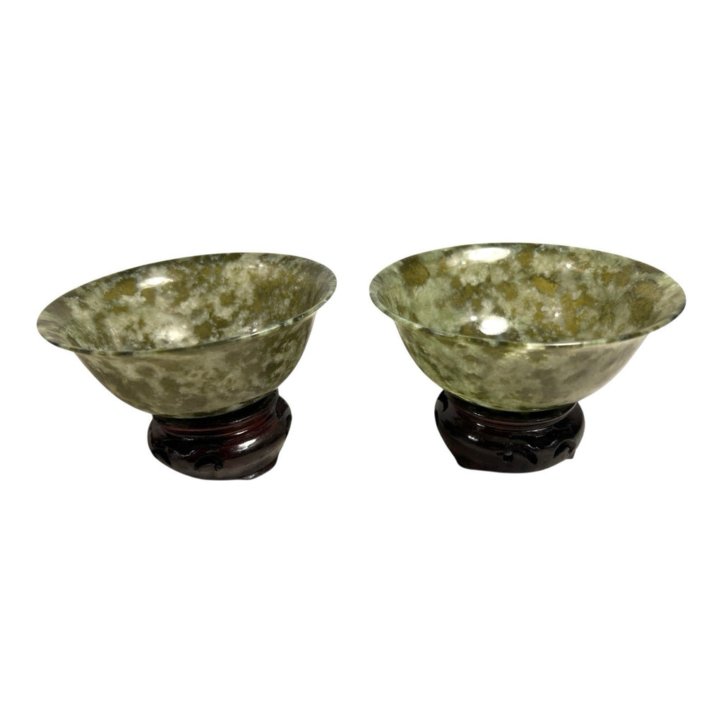 Vintage Set of Two 2 Spinach Jade Bowls from China in Presentation Box
