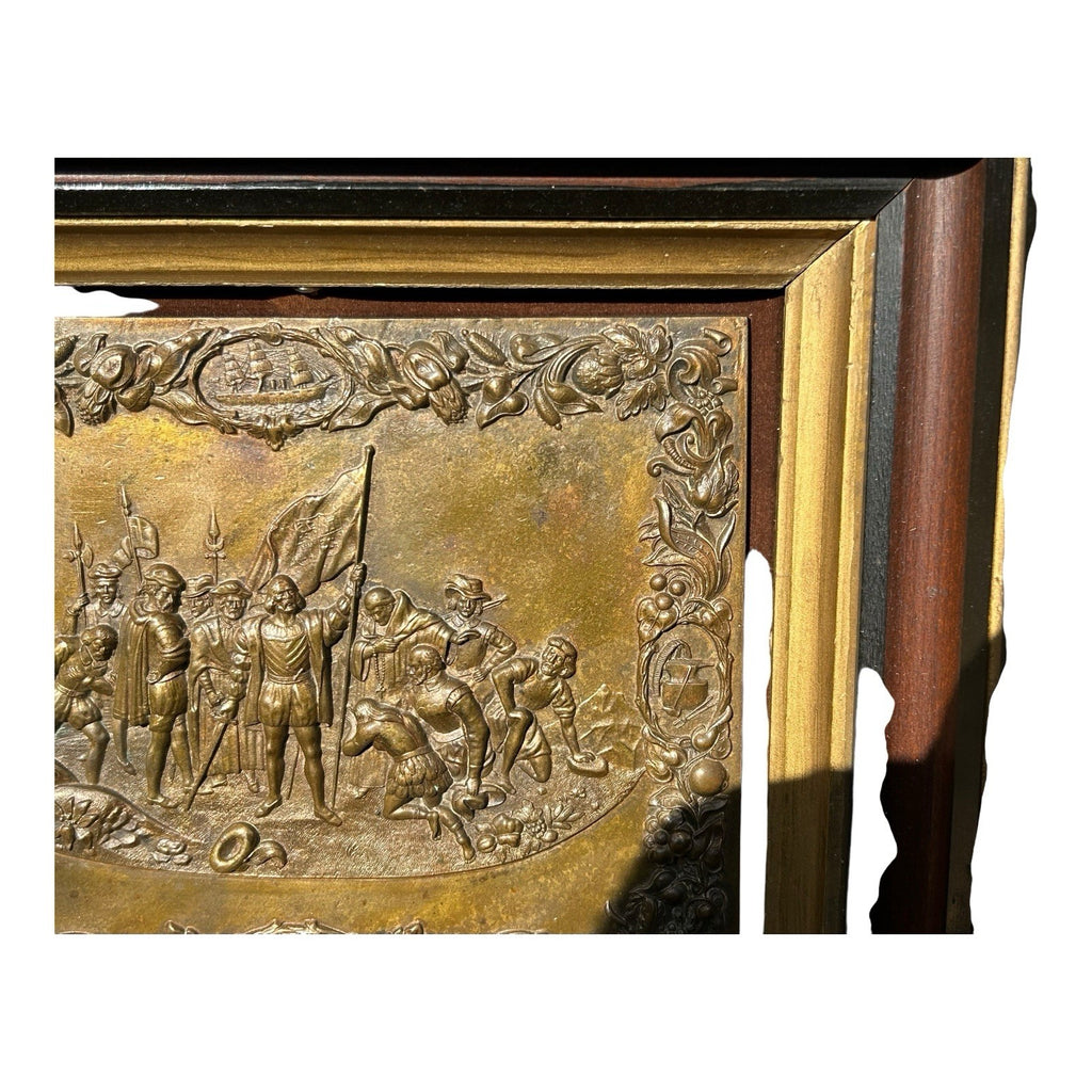 Antique Shadow Box Frame Brass Plague with Christopher Columbus Landing