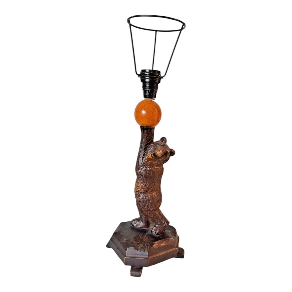 Antique Black Forest Wood Carved Bear Table Lamp