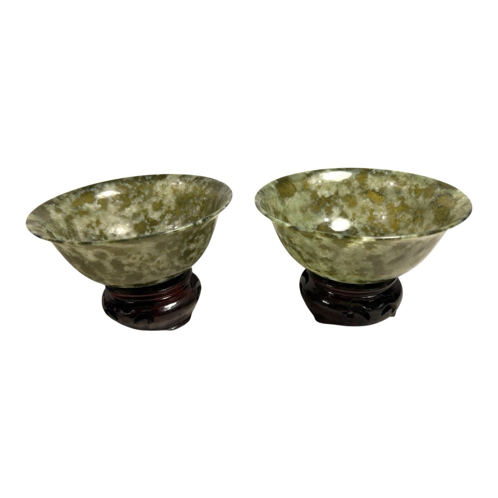 Vintage Set of Two 2 Spinach Jade Bowls from China in Presentation Box