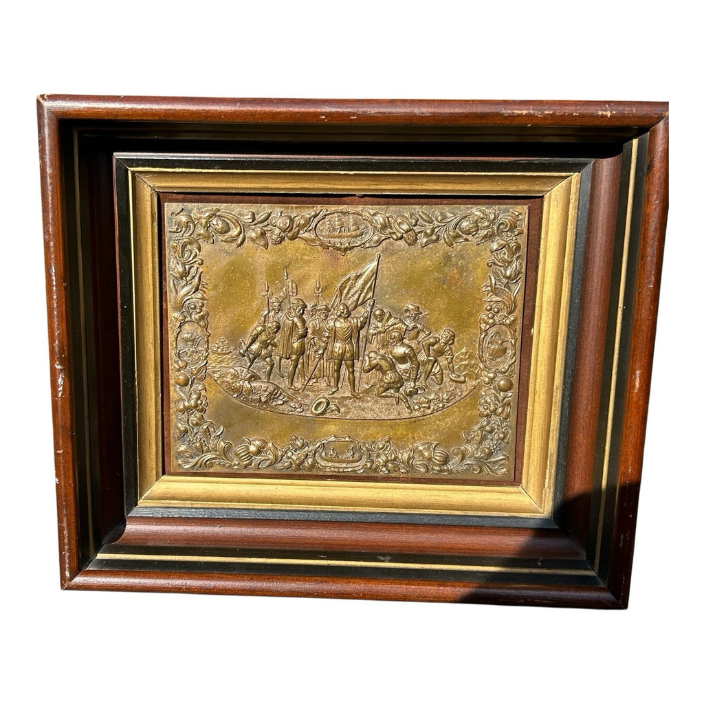 Antique Shadow Box Frame Brass Plague with Christopher Columbus Landing