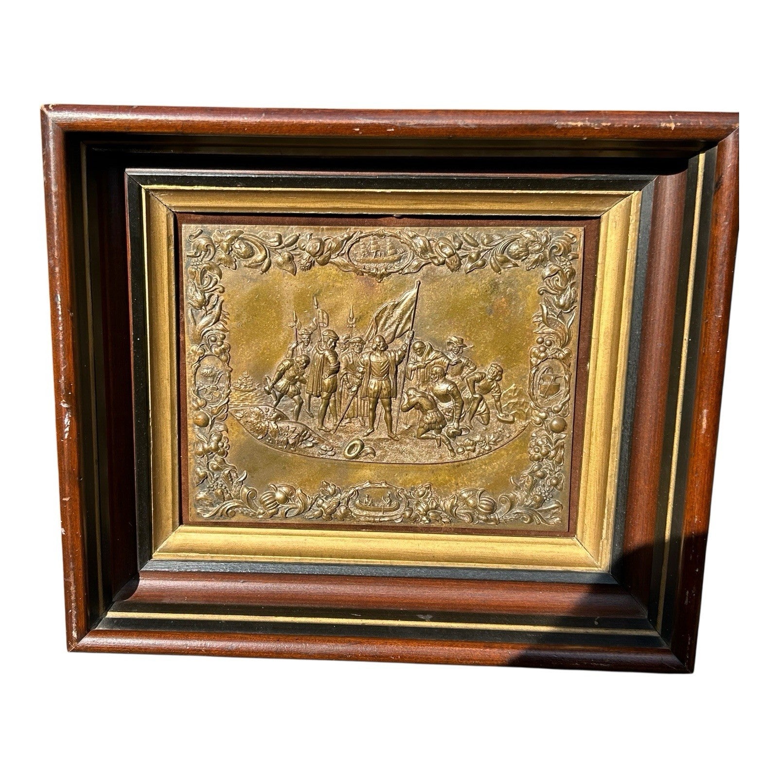 Antique Shadow Box Frame Brass Plague with Christopher Columbus Landing