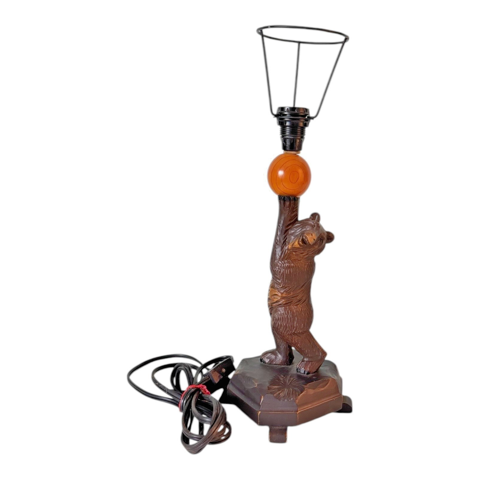 Antique Black Forest Wood Carved Bear Table Lamp
