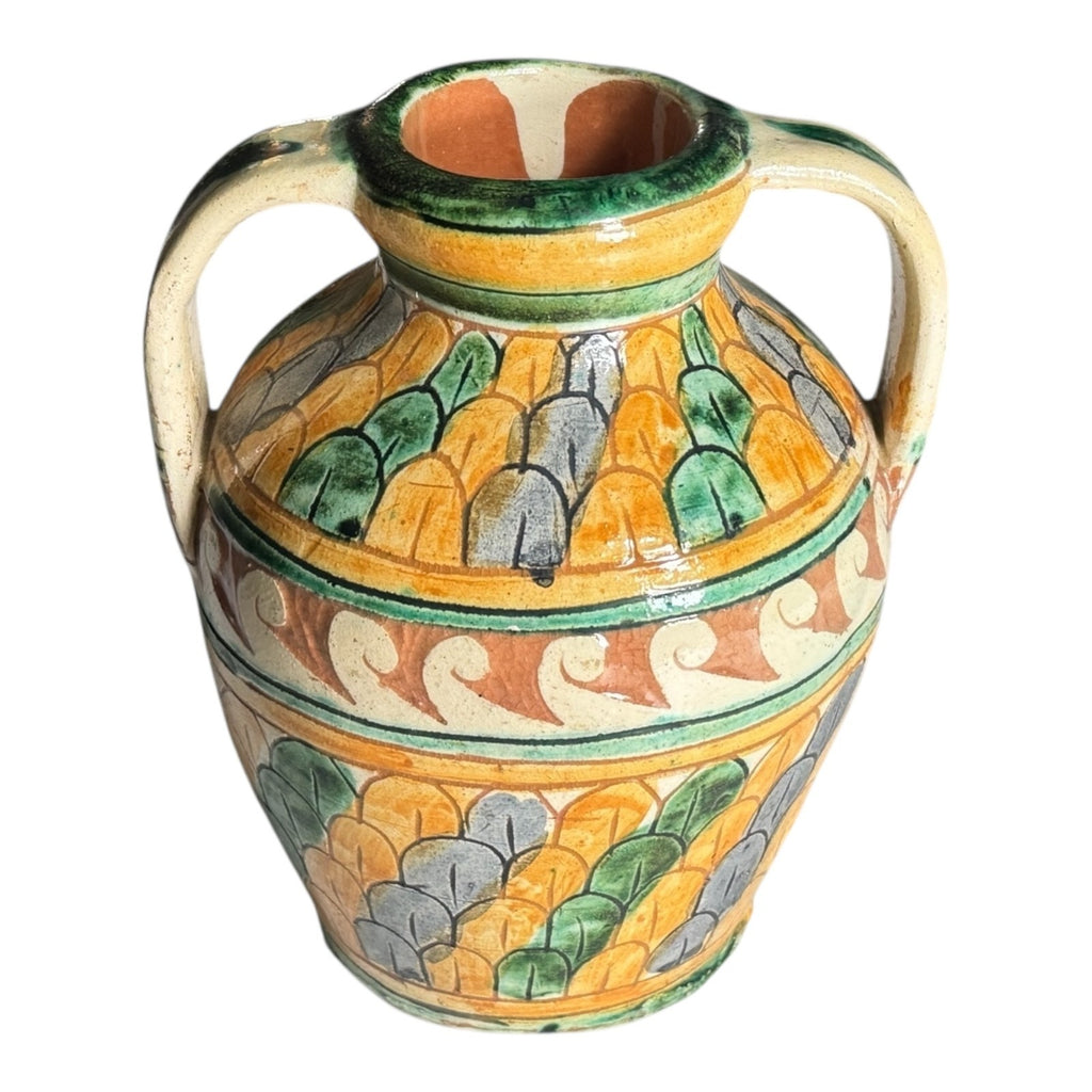 Vintage Italian Majolica Faience Sgraffito Pottery Double Handled Vase