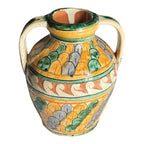 Vintage Italian Majolica Faience Sgraffito Pottery Double Handled Vase