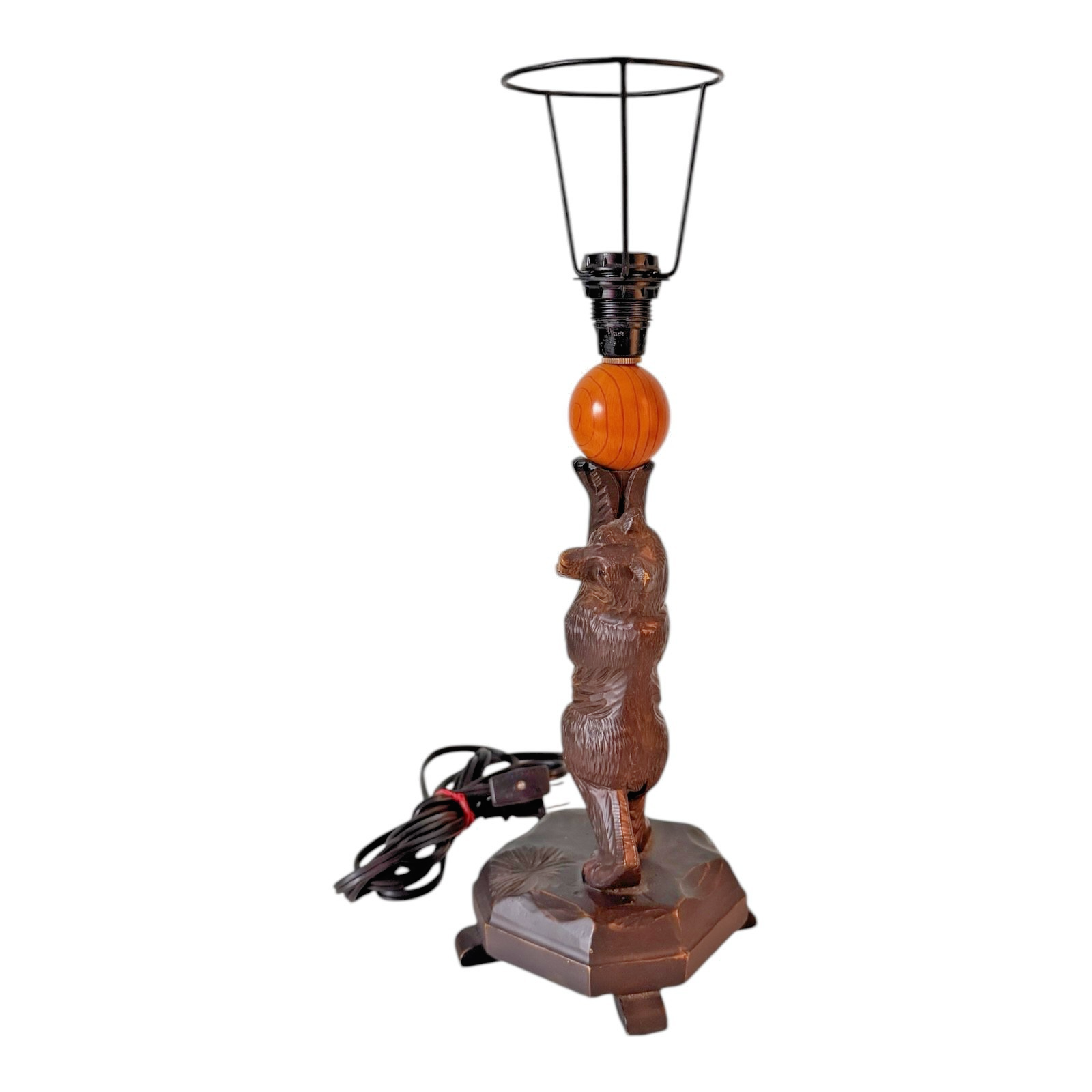Antique Black Forest Wood Carved Bear Table Lamp
