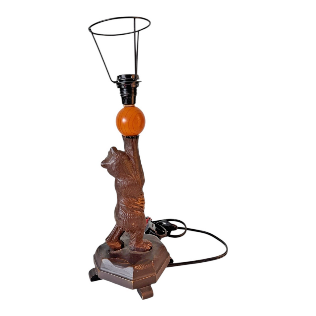 Antique Black Forest Wood Carved Bear Table Lamp