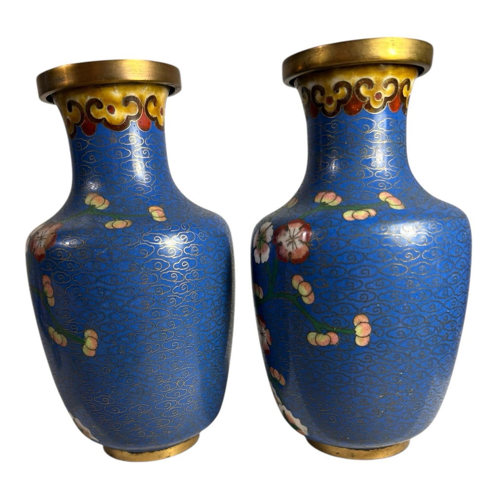Antique Chinese Brass Cloisonne Blue Painted Floral Vases - Set of Two